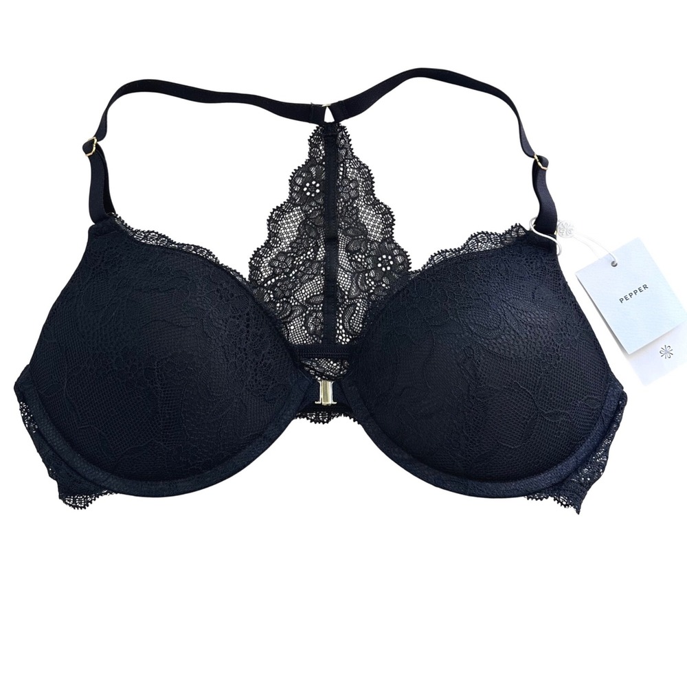 Pepper Lace Racerback Lift Up Bra Women 40B Black Underwire Feminine NWT